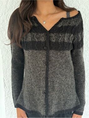 Textured Black and Grey Alternative Striped Button Cardigan